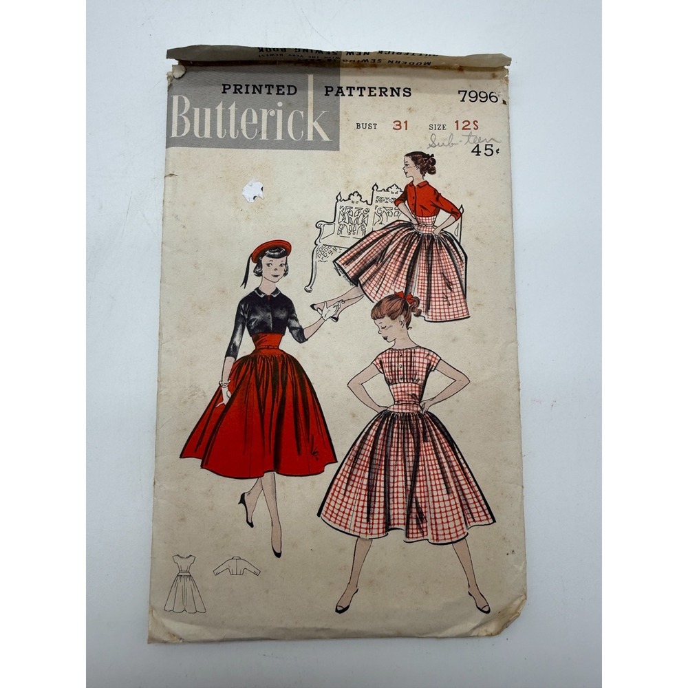 Vtg 1950s Empire Dress, Jacket Sewing Pattern: Butterick 7996 Sub-Teen Sz 12S